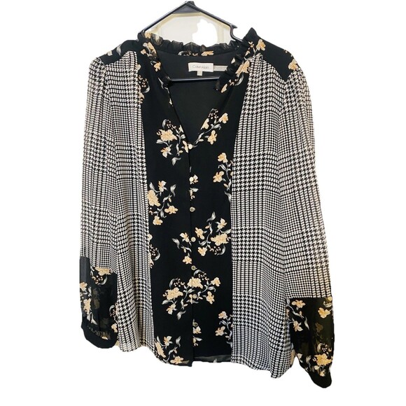 Calvin Klein Sz Large Houndstooth Floral Ruffled Button-Up Top - Picture 1 of 7